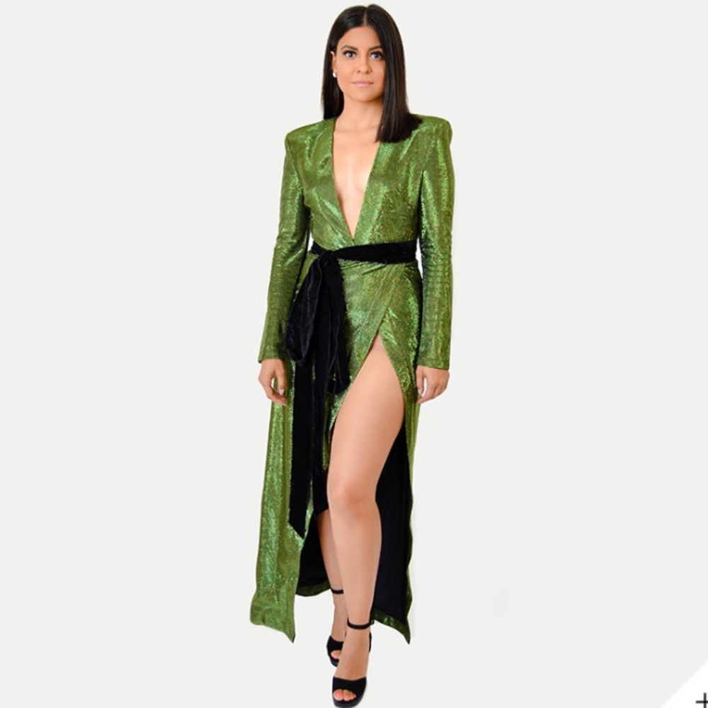 Green deep v dress with slit